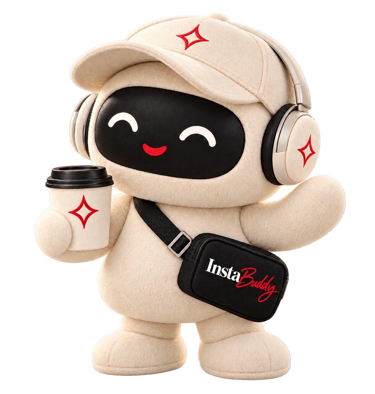 Uśmiechnięty Buddy z kawą macha na powitanie