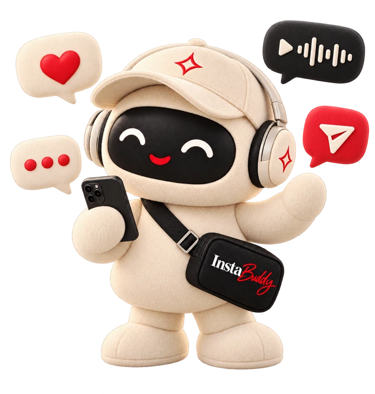 Buddy z telefonem, otoczony symbolami reakcji i wiadomości